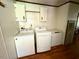 Laundry room with updated appliances and overhead cabinets at 94 S Waters Edge Ln, Henderson, NC 27537