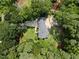 Aerial view showing a beautiful house surrounded by mature trees with a charming firepit area at 1005 Enderbury Dr, Raleigh, NC 27614
