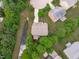 An aerial view of a home with mature trees, stream running adjacent, and cul-de-sac nearby in a residential neighborhood at 111 Revere Forest Ct, Cary, NC 27519