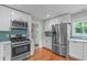 Updated kitchen with stainless steel appliances, chic backsplash and white cabinets at 1209 Edgevale Rd, Durham, NC 27701