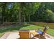 Landscaped backyard featuring a well-maintained lawn, wooden fence, and mature trees at 12320 Tetons Ct, Durham, NC 27703