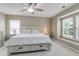 Comfortable bedroom featuring a large bed with storage drawers, a ceiling fan, and two windows at 137 Palmdale Ct, Holly Springs, NC 27540