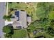 An aerial shot of the home, highlighting the roof solar panels, backyard fire pit, and mature landscaping at 1504 Hemlock Hill Dr, Durham, NC 27703