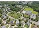 Aerial view of the community amenities including a pool, clubhouse, tennis courts and pond at 1504 Hemlock Hill Dr, Durham, NC 27703