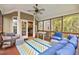 Cozy screened-in porch features a colorful floor, a comfortable seating arrangement, and views of the backyard at 1504 Hemlock Hill Dr, Durham, NC 27703