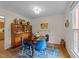 Bright dining room features a wood table, blue chairs, hardwood floors, and a decorative area rug at 308 Trappers Sack Rd, Cary, NC 27513