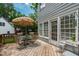 Relaxing outdoor space with a table, chairs, and large umbrella, perfect for entertaining or enjoying a meal at 3304 Buck Run Trl, Wake Forest, NC 27587