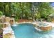 Aerial view of the backyard pool featuring a rock waterfall, spa, and lounge chairs surrounded by lush greenery at 4221 Bibleway Ct, Holly Springs, NC 27540