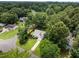 Aerial view of a home surrounded by mature trees, a fenced yard, and lush landscaping at 5801 Hadrian Dr, Durham, NC 27703