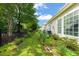 Landscaped backyard with lush greenery, bordering a black fence and the home's exterior at 610 Mixboro Dr, Cary, NC 27519