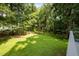 Well-manicured back yard with mature tree cover and green grass at 6817 Guess Rd, Hillsborough, NC 27278