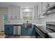 Farmhouse kitchen with stainless steel sink, subway tile, two-tone cabinets, and modern appliances at 6817 Guess Rd, Hillsborough, NC 27278