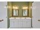 Main bathroom with a white vanity, double sinks, gold fixtures, and green walls at 100 Highfield Ave, Cary, NC 27519