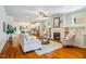 Spacious open-concept living room featuring built-in shelving, a cozy fireplace, and hardwood floors at 104 Treywood Ln, Chapel Hill, NC 27516