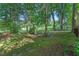 Wooded backyard with stone accents, mature trees, and an expansive green yard at 105 Walter Hagen Dr, Mebane, NC 27302