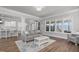 Open-concept living room with views of kitchen, screened patio and backyard at 1108 Lowland St, Apex, NC 27523