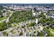Aerial view showcases the home nestled in a vibrant neighborhood, surrounded by lush greenery and city skyline at 118 Chestnut St, Durham, NC 27707