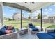 This screened in porch with comfortable blue and tan furniture is perfect for relaxation and Gathering gatherings at 1214 Valley Dale Dr, Fuquay Varina, NC 27526
