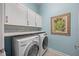 Laundry room features white cabinets, marble counter, and a washer and dryer at 122 Glenpark Pl, Cary, NC 27511