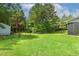 Large grassy backyard bordered by trees and featuring a chain-link fence for privacy at 131 Abacos Ct, Clayton, NC 27520