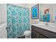 Bathroom featuring a modern vanity and a decorative shower curtain at 1409 Sage Tree Dr, Zebulon, NC 27597