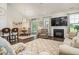 Spacious living area with cozy seating, a fireplace, and access to the outdoor patio at 1409 Sage Tree Dr, Zebulon, NC 27597
