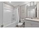 Bathroom featuring a shower-tub combination, vanity, and granite countertops at 1633 Hillstar St, Fuquay Varina, NC 27526