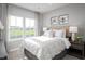 Airy bedroom featuring a large window with exterior views, a light-colored bed, and side tables with lamps at 197 Glen Hollow Dr, Raleigh, NC 27604