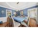 Formal dining room with blue walls, wainscoting, and modern lighting fixture at 2027 River Grove Ln, Knightdale, NC 27545