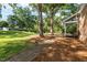 Wide view of a brick walkway, lawn and the front of the house with mature shade trees at 205 Northfield Dr, Raleigh, NC 27609