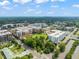 Aerial view of apartment building nestled in a vibrant city neighborhood near park at 214 Hunt St # 701, Durham, NC 27701