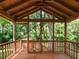 The wooden back porch looks out to a fenced backyard with lush green trees at 23 Joci Ct, Durham, NC 27704