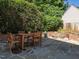 Private backyard featuring a dining table and an outdoor fire pit for entertaining at 300 W Roanoke Park Dr, Raleigh, NC 27608