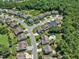 This aerial view features a neighborhood with sidewalks, mature trees, and manicured green lawns at 503 Bendemeer Ln, Rolesville, NC 27571