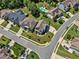 An aerial view shows a neighborhood with well-manicured lawns, mature trees, and a community pool at 503 Bendemeer Ln, Rolesville, NC 27571