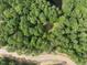 An aerial view showcases a densely wooded lot with a winding road and a small clearing at 6736 Brixley Crest Ct, Raleigh, NC 27614