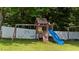Backyard playground with a swing set, slide, and playhouse near a white fence at 81 Northcliff Ct, Clayton, NC 27527