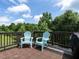 Outdoor deck featuring two light blue Adirondack chairs overlooking treeline at 857 Stable Fern Dr, Fuquay Varina, NC 27526