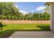 Secluded backyard with lush lawn, mature trees, a retaining wall and patio at 1019 Santiago St, Durham, NC 27703
