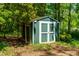 Backyard with a green storage shed with white doors surrounded by mature trees and lush greenery at 102 Emerald Cir, Durham, NC 27713
