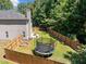 This spacious backyard features a trampoline, stone fire pit, and wood fence at 110 Bonhill Ct, Apex, NC 27502