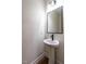 Small powder room features pedestal sink and modern mirror at 1328 Bethlehem Church Rd, Youngsville, NC 27596