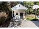 View of shed with overhang, showing seating area, grill, and partial basketball court in the background at 1811 Ridley St, Raleigh, NC 27608