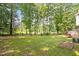 Large grassy backyard bordered by trees with wooden deck and planter box on a sunny day at 1990 Ferbow St, Creedmoor, NC 27522