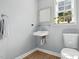 Powder room features a white sink, toilet, mirror, window, and light gray walls at 3005 Piney Grove Wilbon Rd, Holly Springs, NC 27540