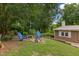 Backyard with wooded area and fire pit including blue outdoor chairs at 394 Flanagan Rd, Henderson, NC 27537