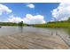 Calm view of the river and trees, with a worn wooden dock in the foreground and a bridge under a cloudy sky at 394 Flanagan Rd, Henderson, NC 27537