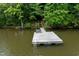 Lake view of a wooden pier surrounded by a green forest, providing private lake access at 394 Flanagan Rd, Henderson, NC 27537
