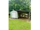 Exterior of a storage shed, with a covered area for parking, on a well-maintained lawn at 394 Flanagan Rd, Henderson, NC 27537