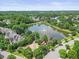 Community aerial view showcasing pond with fountain, playground, and surrounding lush greenery at 4229 Cats Paw Ct, Wake Forest, NC 27587